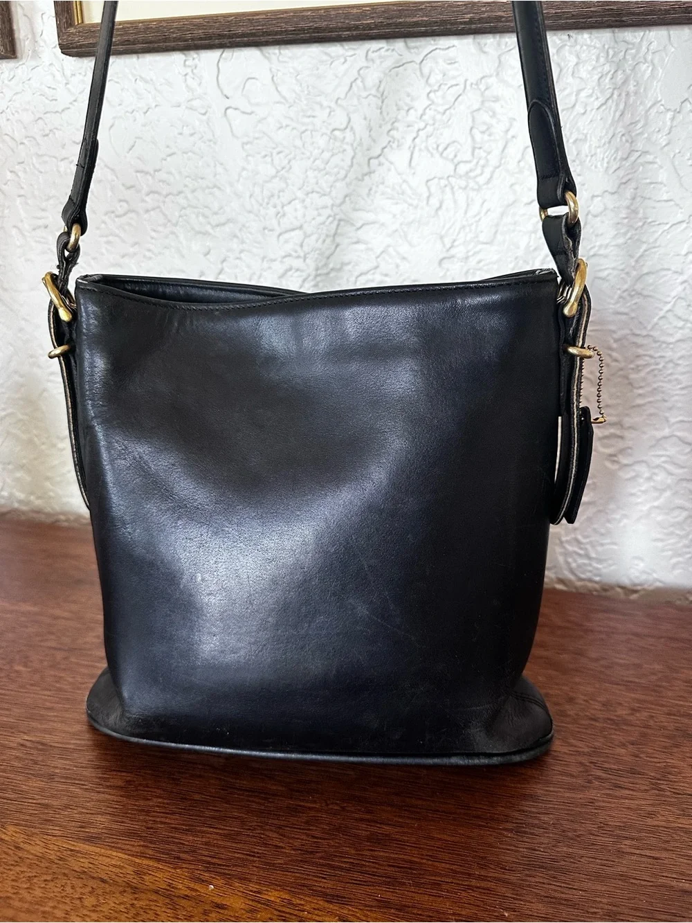 Vintage Coach Equestrian Slim 9306 Black Glove Tan Leather Shoulder Bag USA 1997